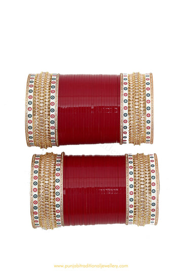 Deep Red Colour American Diamond Dotted Bridal Chura By PTJ